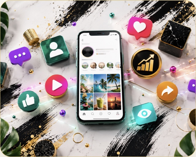 Phone surrounded by colorful social media engagement icons