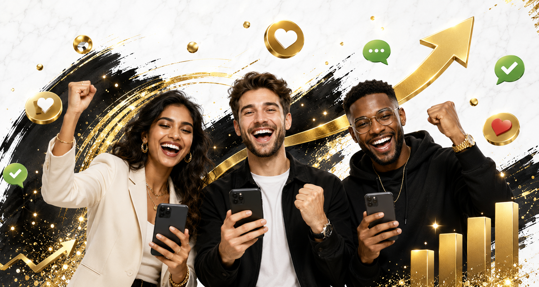 South Asian, white and Black creators celebrating social media growth together