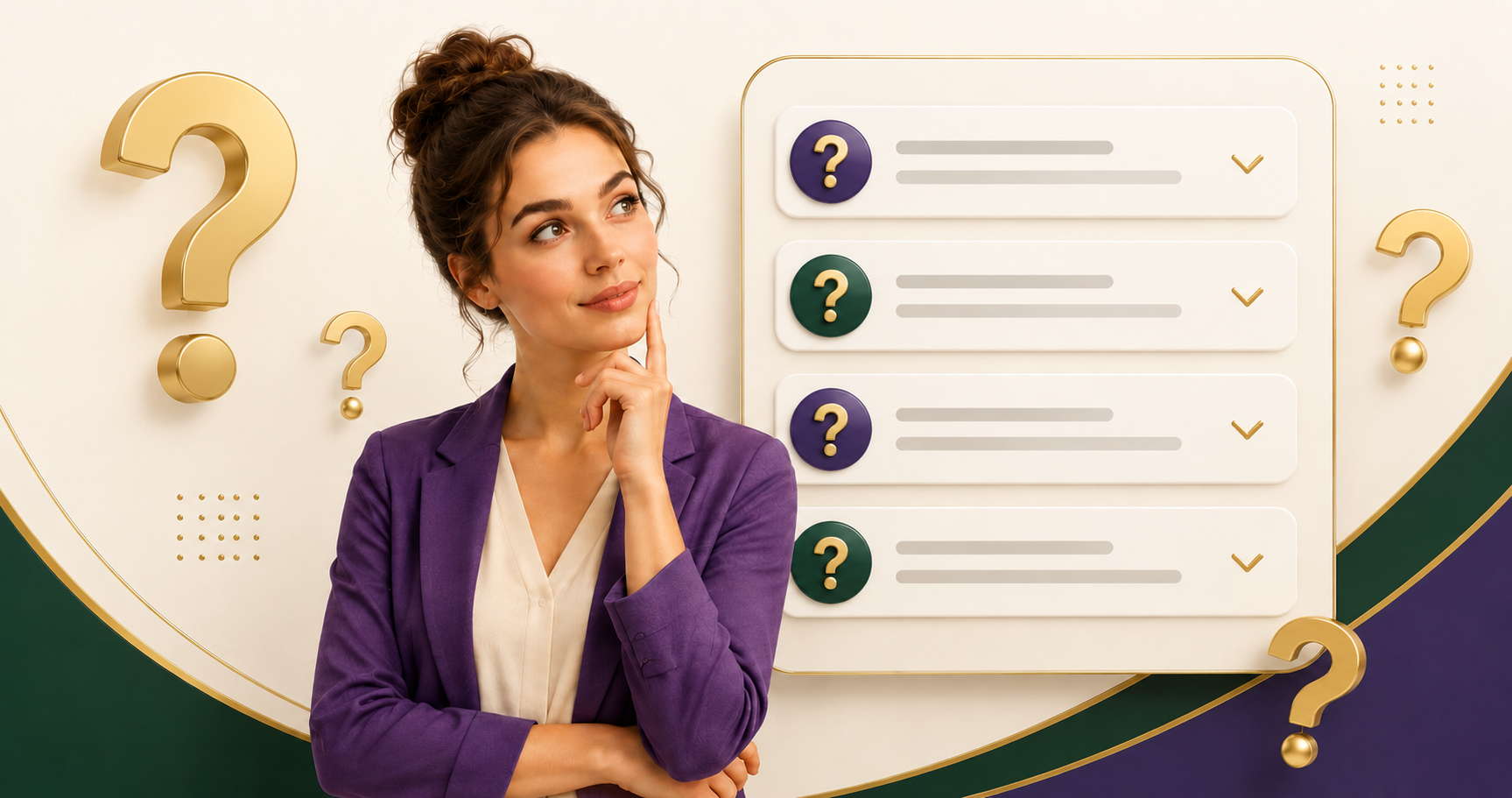 Caucasian customer reviewing frequently asked questions with large question marks and answer cards