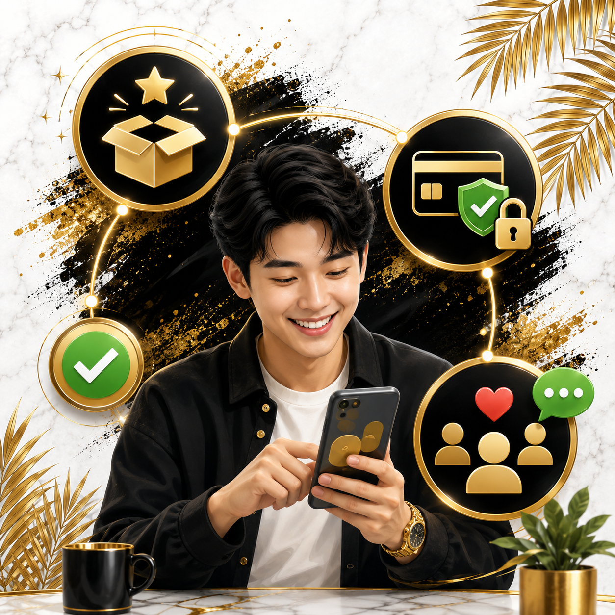 Smiling Chinese content creator with black, gold, green and red ordering icons