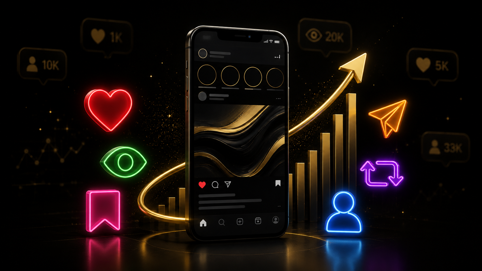 Social media growth dashboard with colorful engagement icons and rising analytics